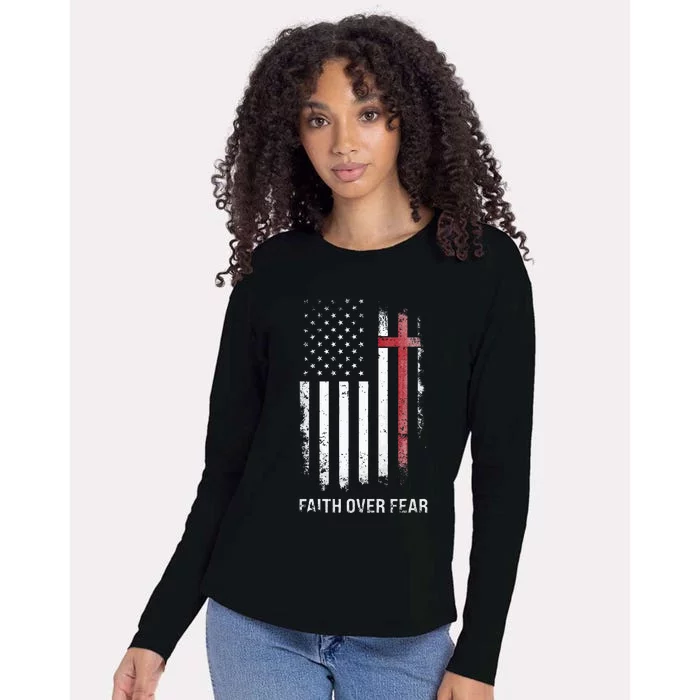 Christian Us Usa Flag American Christ Faith Over Fear Cross Womens Cotton Relaxed Long Sleeve T-Shirt