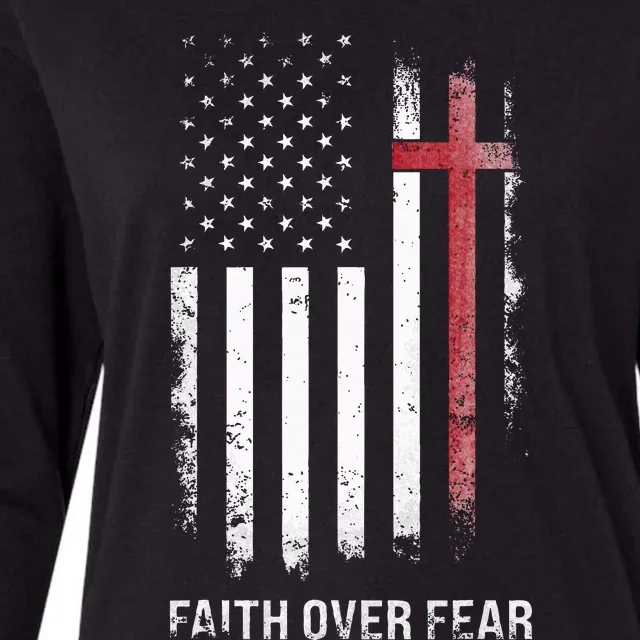 Christian Us Usa Flag American Christ Faith Over Fear Cross Womens Cotton Relaxed Long Sleeve T-Shirt