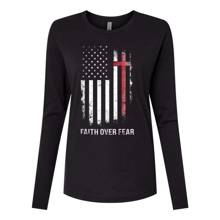 Christian Us Usa Flag American Christ Faith Over Fear Cross Womens Cotton Relaxed Long Sleeve T-Shirt