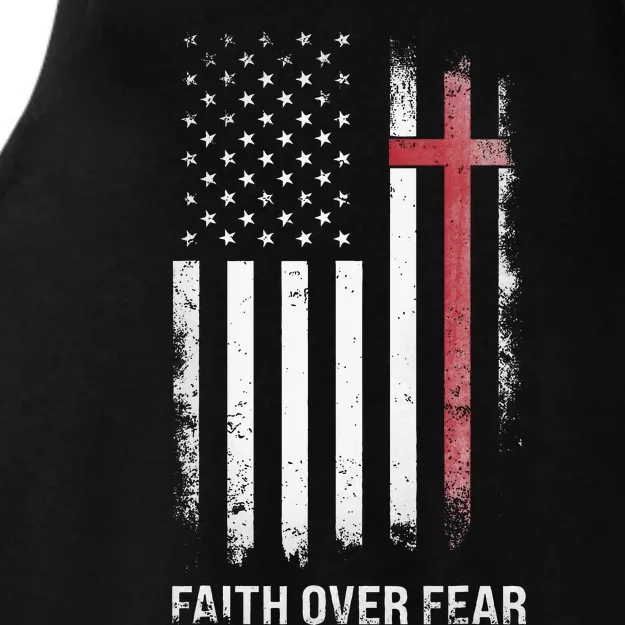 Christian Us Usa Flag American Christ Faith Over Fear Cross Ladies Tri-Blend Wicking Tank