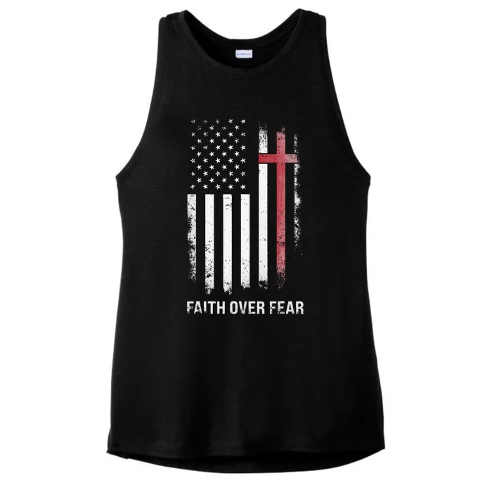 Christian Us Usa Flag American Christ Faith Over Fear Cross Ladies Tri-Blend Wicking Tank