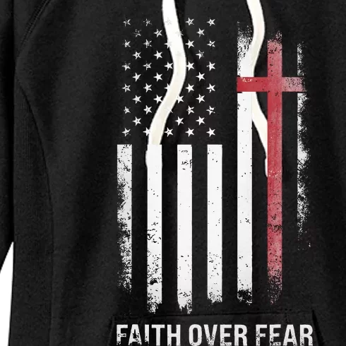 Christian Us Usa Flag American Christ Faith Over Fear Cross Women's Fleece Hoodie