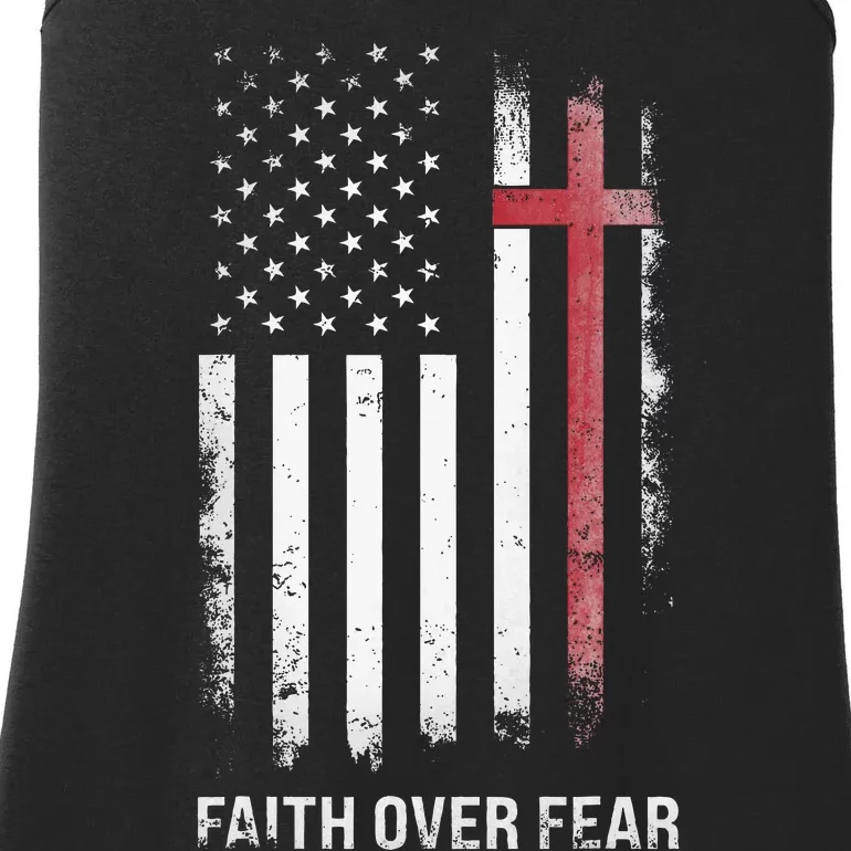 Christian Us Usa Flag American Christ Faith Over Fear Cross Ladies Essential Tank