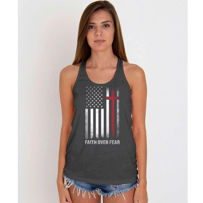 Christian Us Usa Flag American Christ Faith Over Fear Cross Women's Knotted Racerback Tank