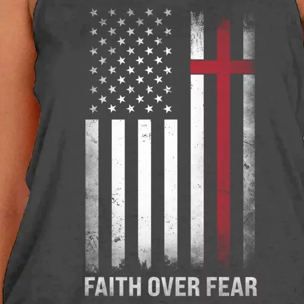 Christian Us Usa Flag American Christ Faith Over Fear Cross Women's Knotted Racerback Tank