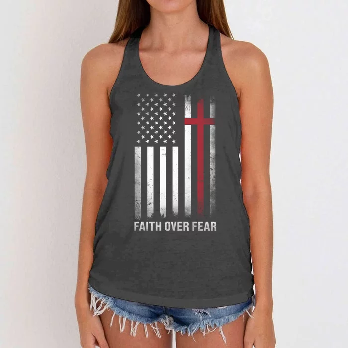 Christian Us Usa Flag American Christ Faith Over Fear Cross Women's Knotted Racerback Tank