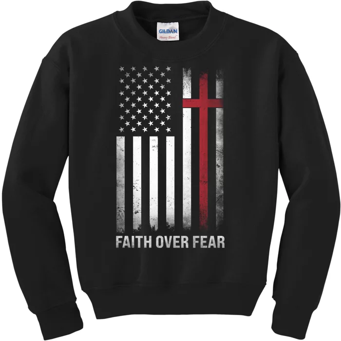 Christian Us Usa Flag American Christ Faith Over Fear Cross Kids Sweatshirt