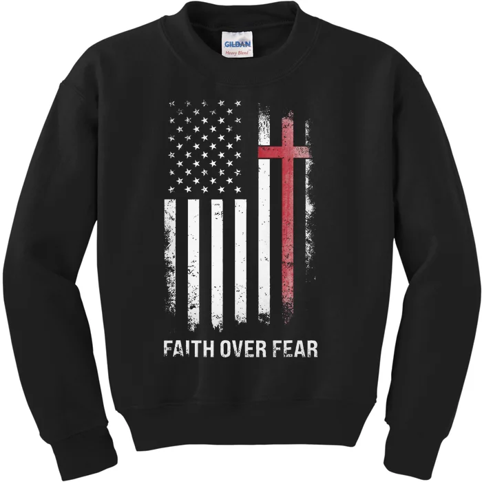 Christian Us Usa Flag American Christ Faith Over Fear Cross Kids Sweatshirt