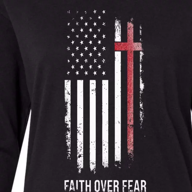 Christian US USA Flag American Christ Faith Over Fear Cross Womens Cotton Relaxed Long Sleeve T-Shirt