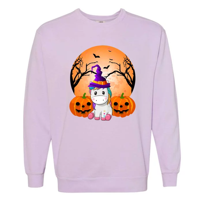 Cute Unicorn Witch Jack O Lantern Halloween Garment-Dyed Sweatshirt