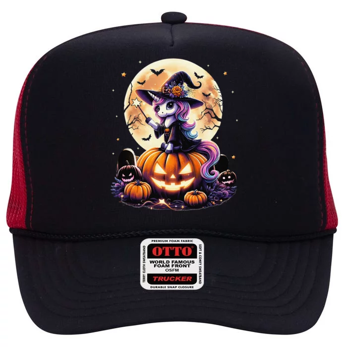 Cute Unicorn Witch Pumpkin Halloween Gift High Crown Mesh Trucker Hat