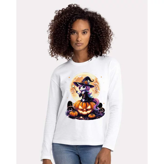 Cute Unicorn Witch Pumpkin Halloween Gift Womens Cotton Relaxed Long Sleeve T-Shirt