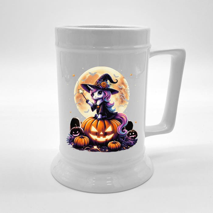 Cute Unicorn Witch Pumpkin Halloween Gift Front & Back Beer Stein