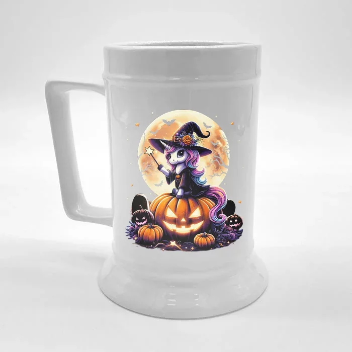 Cute Unicorn Witch Pumpkin Halloween Gift Front & Back Beer Stein