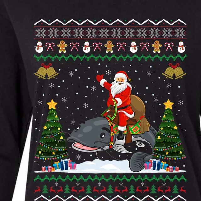 Catfish Ugly Xmas Gift Funny Santa Riding Catfish Christmas Womens Cotton Relaxed Long Sleeve T-Shirt