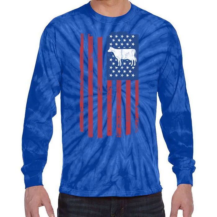 Cow Vintage American Flag Retro Dairy Farmer Gift Great Gift Tie-Dye Long Sleeve Shirt