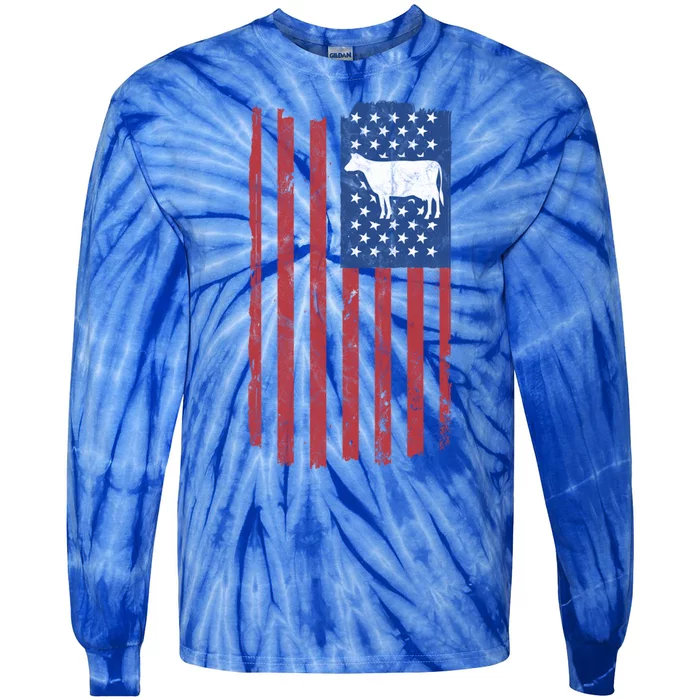 Cow Vintage American Flag Retro Dairy Farmer Gift Great Gift Tie-Dye Long Sleeve Shirt