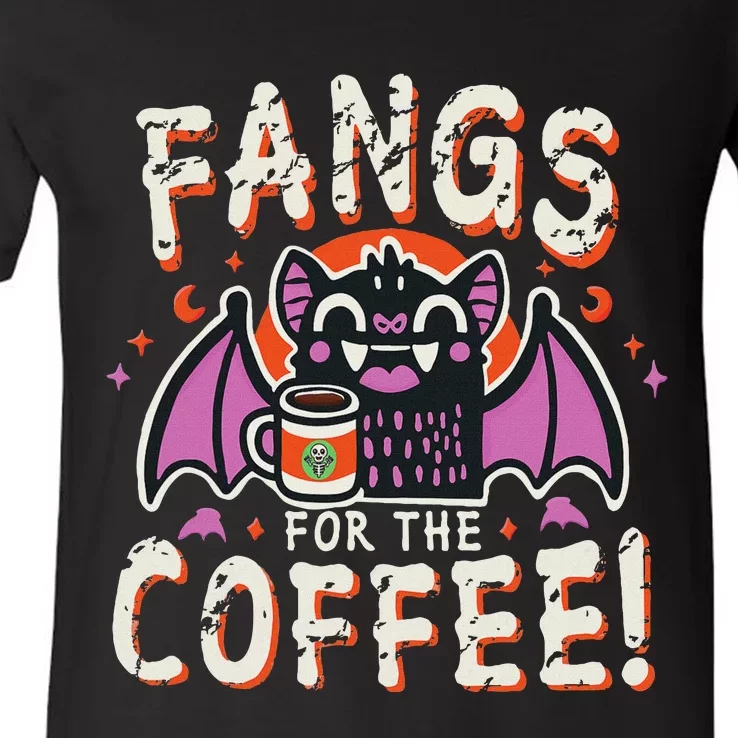 Cute Vampire Bat Fangs For The Coffee! Halloween V-Neck T-Shirt