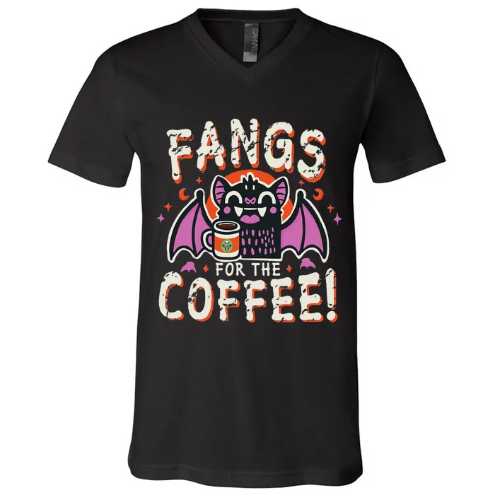 Cute Vampire Bat Fangs For The Coffee! Halloween V-Neck T-Shirt