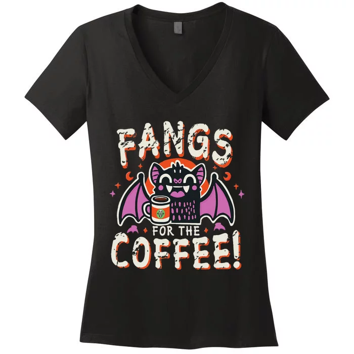 Cute Vampire Bat Fangs For The Coffee! Halloween Women's V-Neck T-Shirt