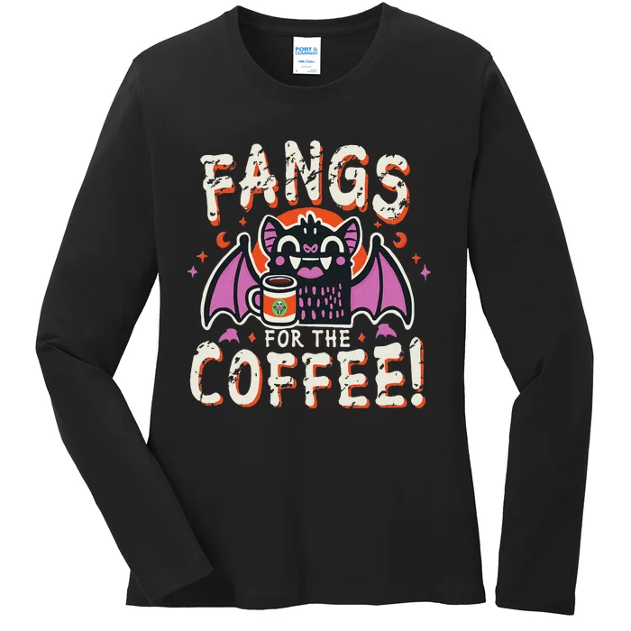 Cute Vampire Bat Fangs For The Coffee! Halloween Ladies Long Sleeve Shirt