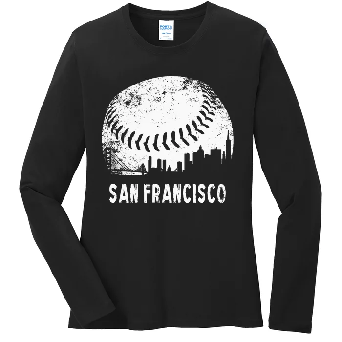 Cool Vintage Baseball San Francisco City Skyline Building SF Ladies Long Sleeve Shirt