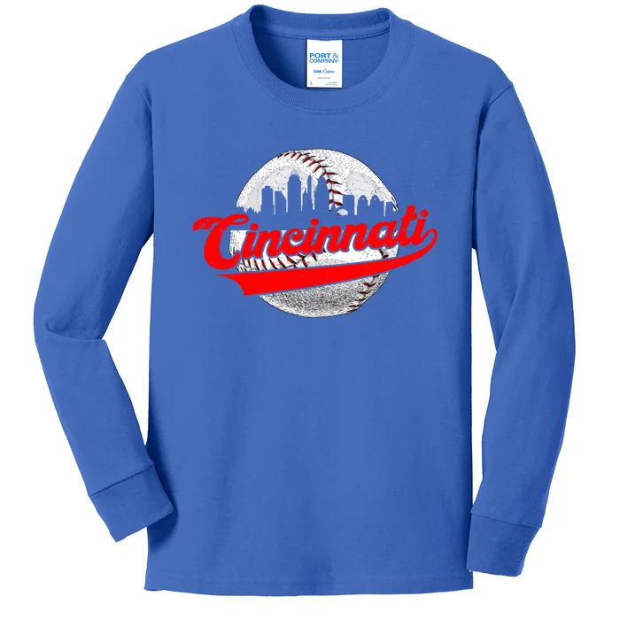 Cincinnati Vintage Baseball Lover Retro Game Day Dad Mom Gift Kids Long Sleeve Shirt