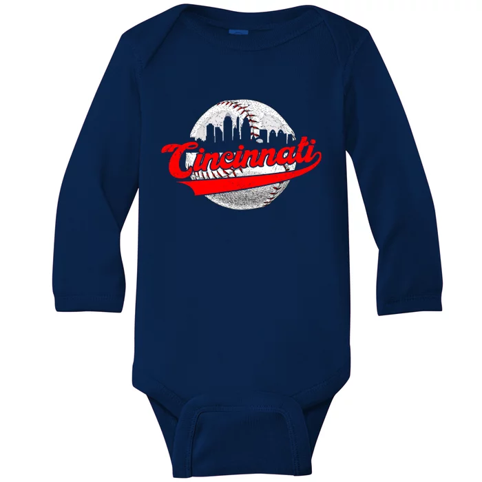 Cincinnati Vintage Baseball Lover Retro Game Day Dad Mom Gift Baby Long Sleeve Bodysuit