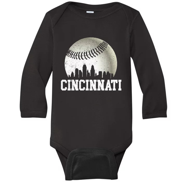 Cincinnati Vintage Baseball Distressed Baby Long Sleeve Bodysuit