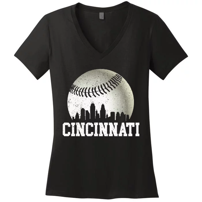 Cincinnati Vintage Baseball Distressed Women's V-Neck T-Shirt