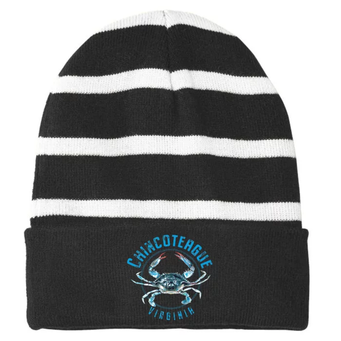 Chincoteague Virginia Blue Crab Design Striped Beanie with Solid Band