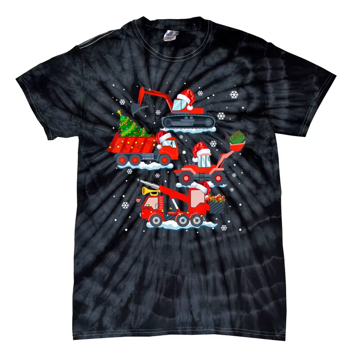 Construction Vehicle Christmas Red Trucks Winter Boys Tie-Dye T-Shirt