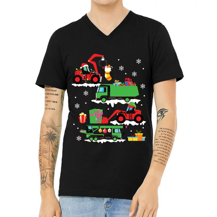 Construction Vehicle Christmas Red Trucks Winter Boy V-Neck T-Shirt