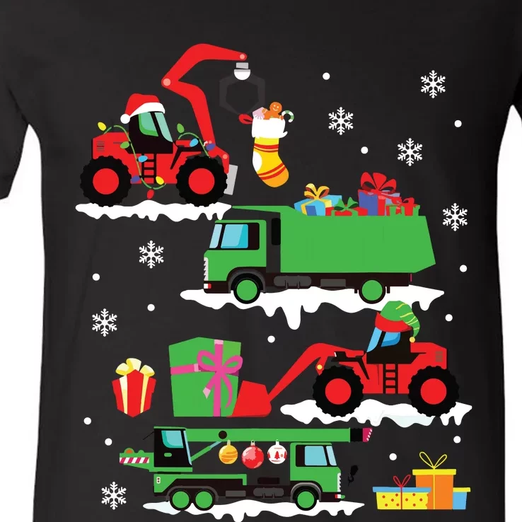 Construction Vehicle Christmas Red Trucks Winter Boy V-Neck T-Shirt