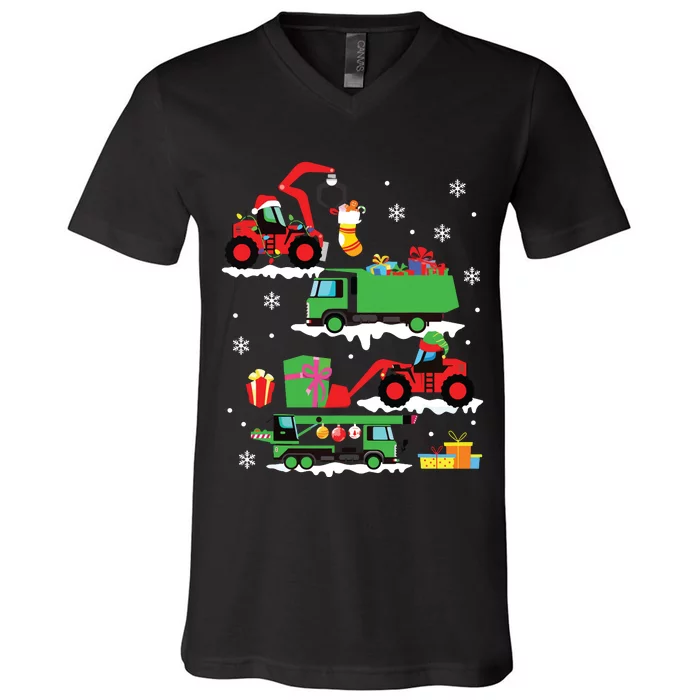 Construction Vehicle Christmas Red Trucks Winter Boy V-Neck T-Shirt