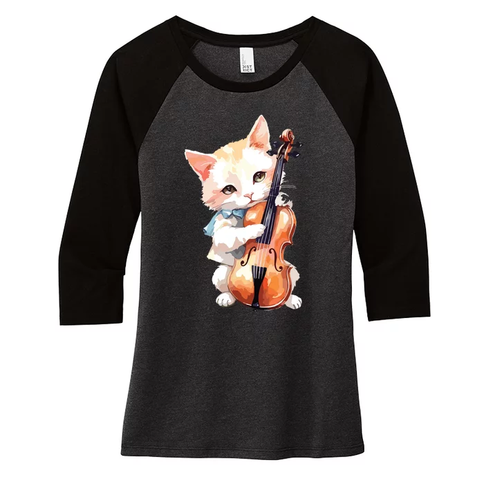 Cute Violinist Cat Violin Musician String Player Watercolor Women's Tri-Blend 3/4-Sleeve Raglan Shirt