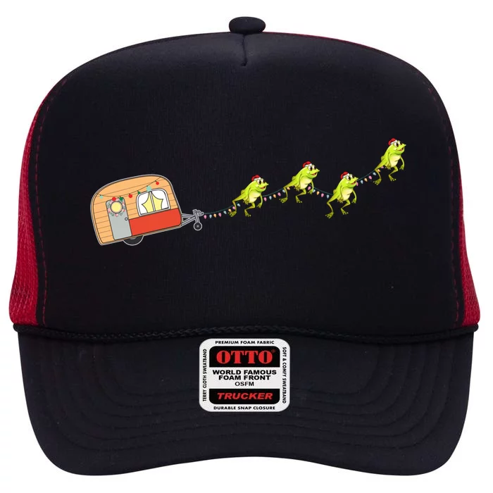 Camper Van Christmas Frog Sleigh Cute Animal Xmas Pajama Gift High Crown Mesh Trucker Hat