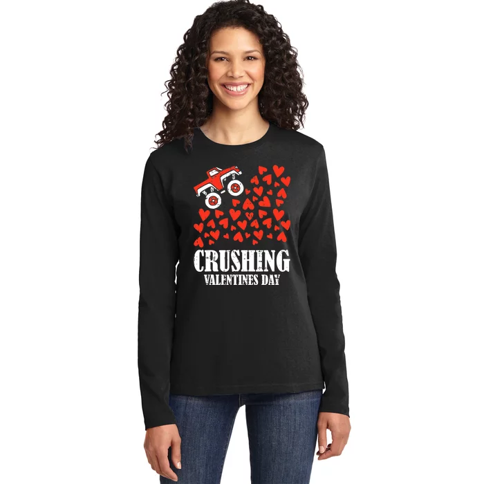 Crushing Valentines Day Cute Heart Riding Monster Truck Boy Ladies Long Sleeve Shirt