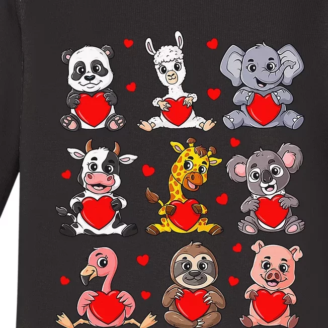 Cute Valentines Day Animals Holding Hearts Boys Girls Baby Long Sleeve Bodysuit