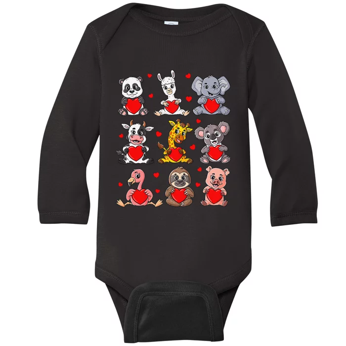 Cute Valentines Day Animals Holding Hearts Boys Girls Baby Long Sleeve Bodysuit