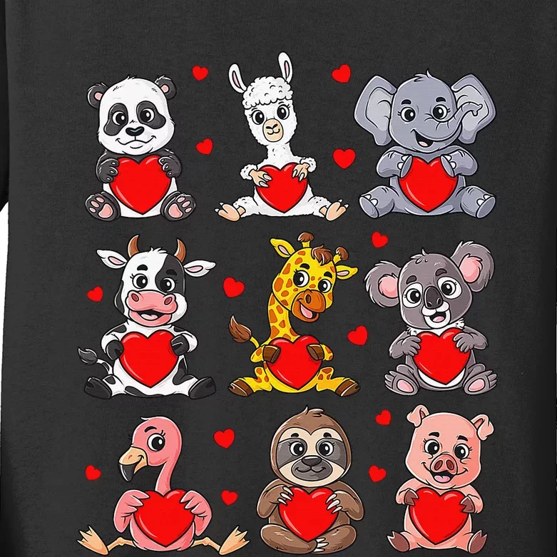 Cute Valentines Day Animals Holding Hearts Boys Girls Kids Long Sleeve Shirt