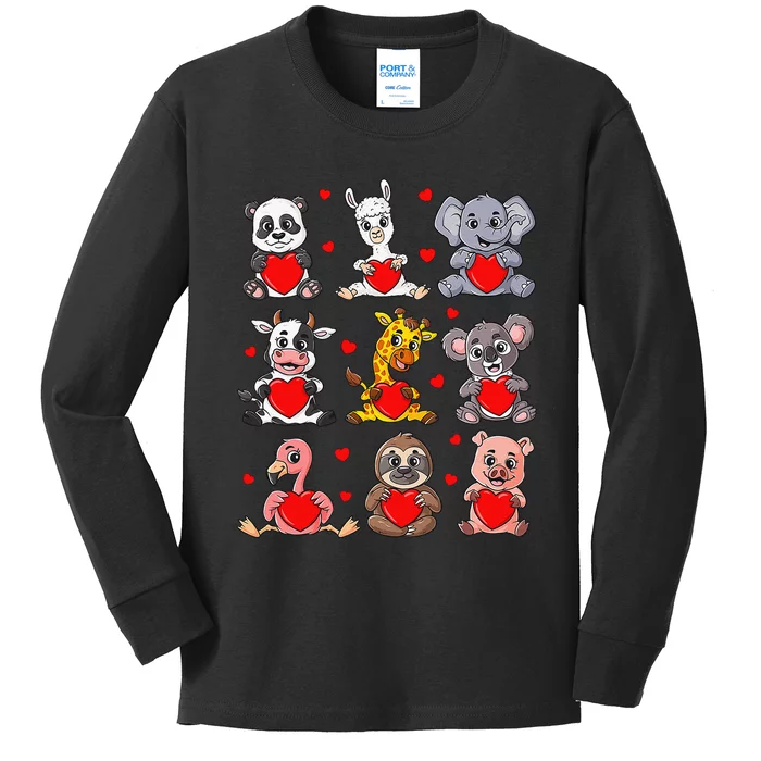 Cute Valentines Day Animals Holding Hearts Boys Girls Kids Long Sleeve Shirt