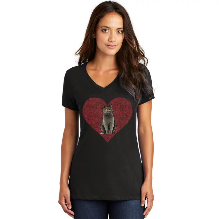 Chartreux Valentines Day Cat Love Fingerprint Women's V-Neck T-Shirt