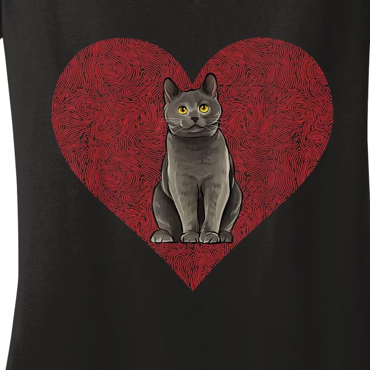 Chartreux Valentines Day Cat Love Fingerprint Women's V-Neck T-Shirt