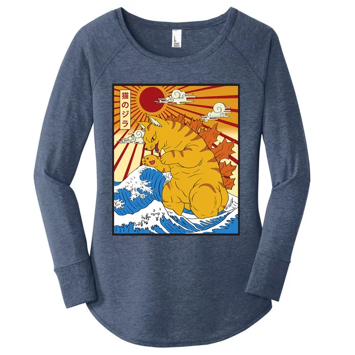 Catzilla Vintage Funny Cute Cat Art Japanese Sunset Women's Perfect Tri Tunic Long Sleeve Shirt