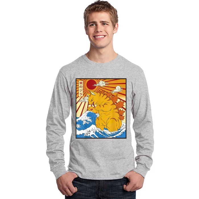 Catzilla Vintage Funny Cute Cat Art Japanese Sunset Long Sleeve Shirt