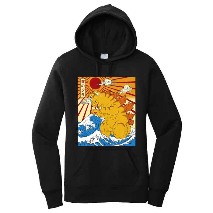 Catzilla Vintage Funny Cute Cat Art Japanese Sunset Women's Pullover Hoodie