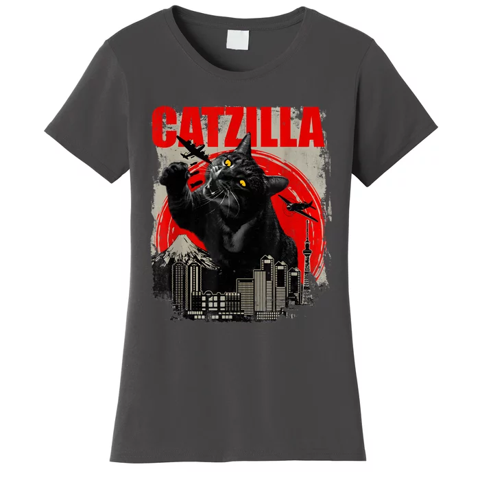 Catzilla Vintage Funny Cute Cat Art Japanese Sunset Kitten Kitty Women's T-Shirt