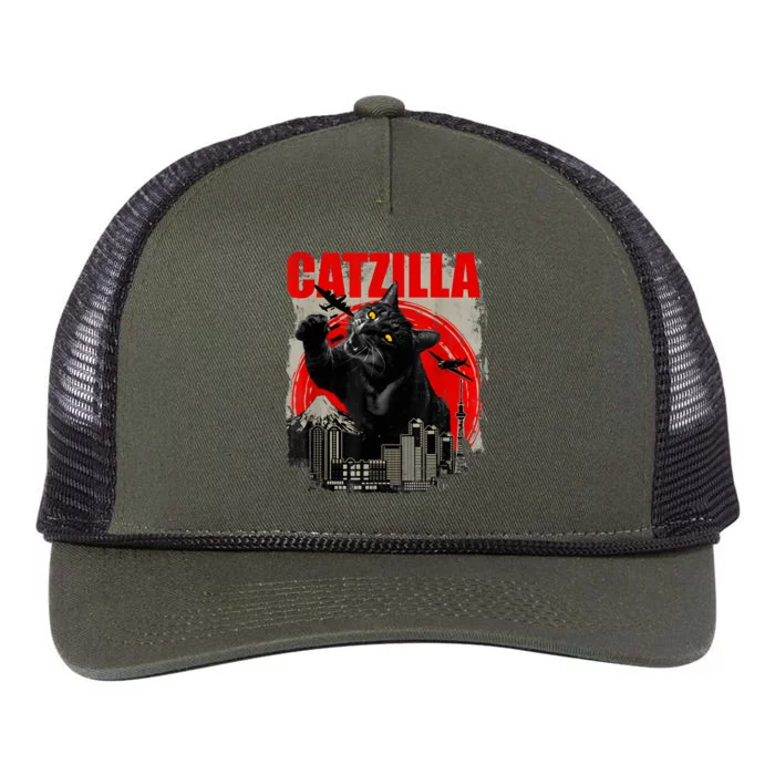 Catzilla Vintage Funny Cute Cat Art Japanese Sunset Kitten Kitty Retro Rope Trucker Hat Cap