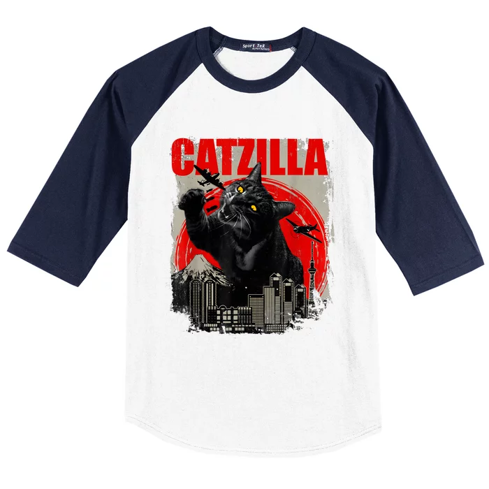 Catzilla Vintage Funny Cute Cat Art Japanese Sunset Kitten Kitty Baseball Sleeve Shirt